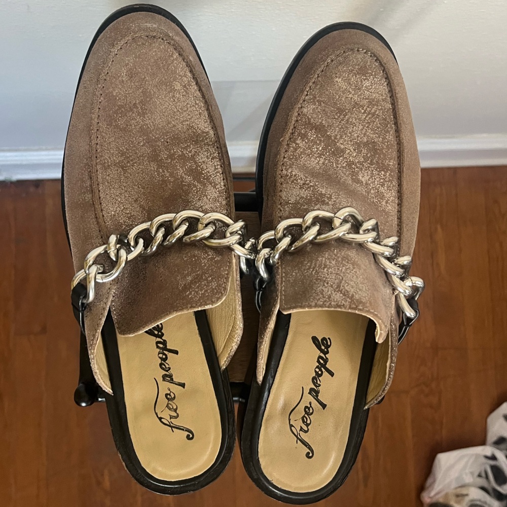 Free People Brown Loafers with Silver Chain Accent